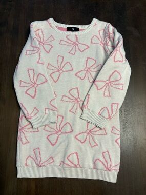 Tag White Crewneck Sweater Dress with Pink Bow Motif